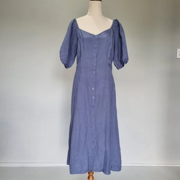 Princess Highway Celeste Blue Linen Blend Puff Sleeve Midi Dress Size 14 - Picture 2 of 8